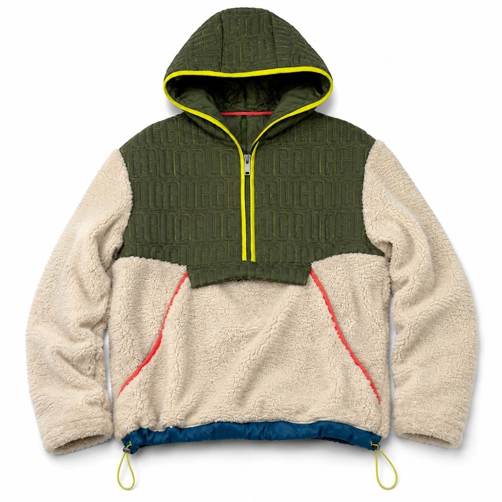 UGG RTW Women Sherpa Fleece Quilted Logo Quarter Zip Hoodie Green Cream Small
